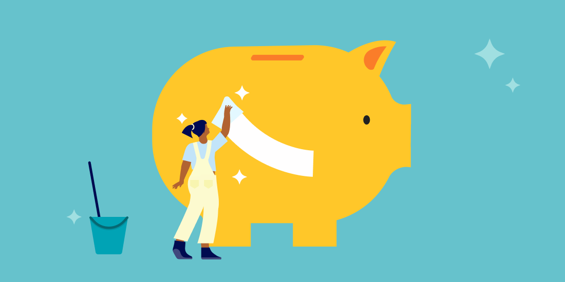 illustration of woman wiping clean a giant piggy bank