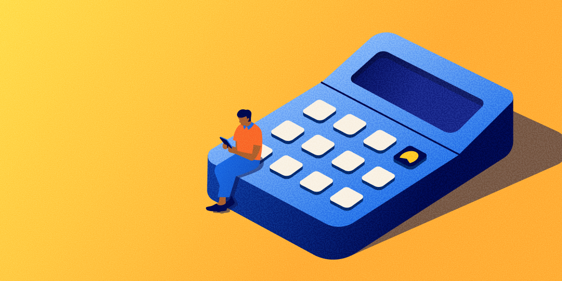 An illustration of a person sitting on a giant calculator.